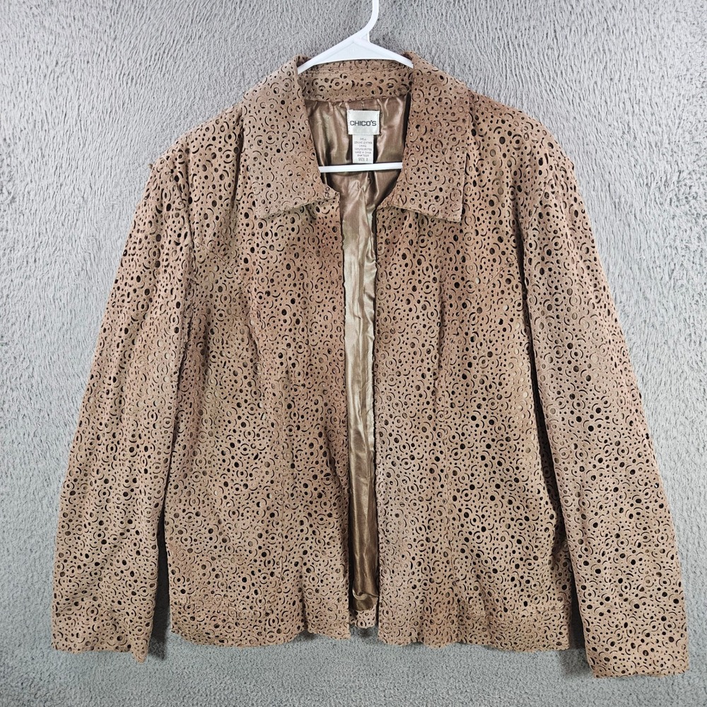 Chico's Brown Genuine Leather Laser Cut Eyelet Jacket Size 3‎ Large Tan Suede
